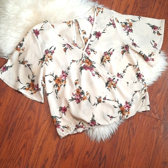 Sienna Sky Spring Floral Surplice Front Belle Sleeve Blouse - Picture 1 of 5